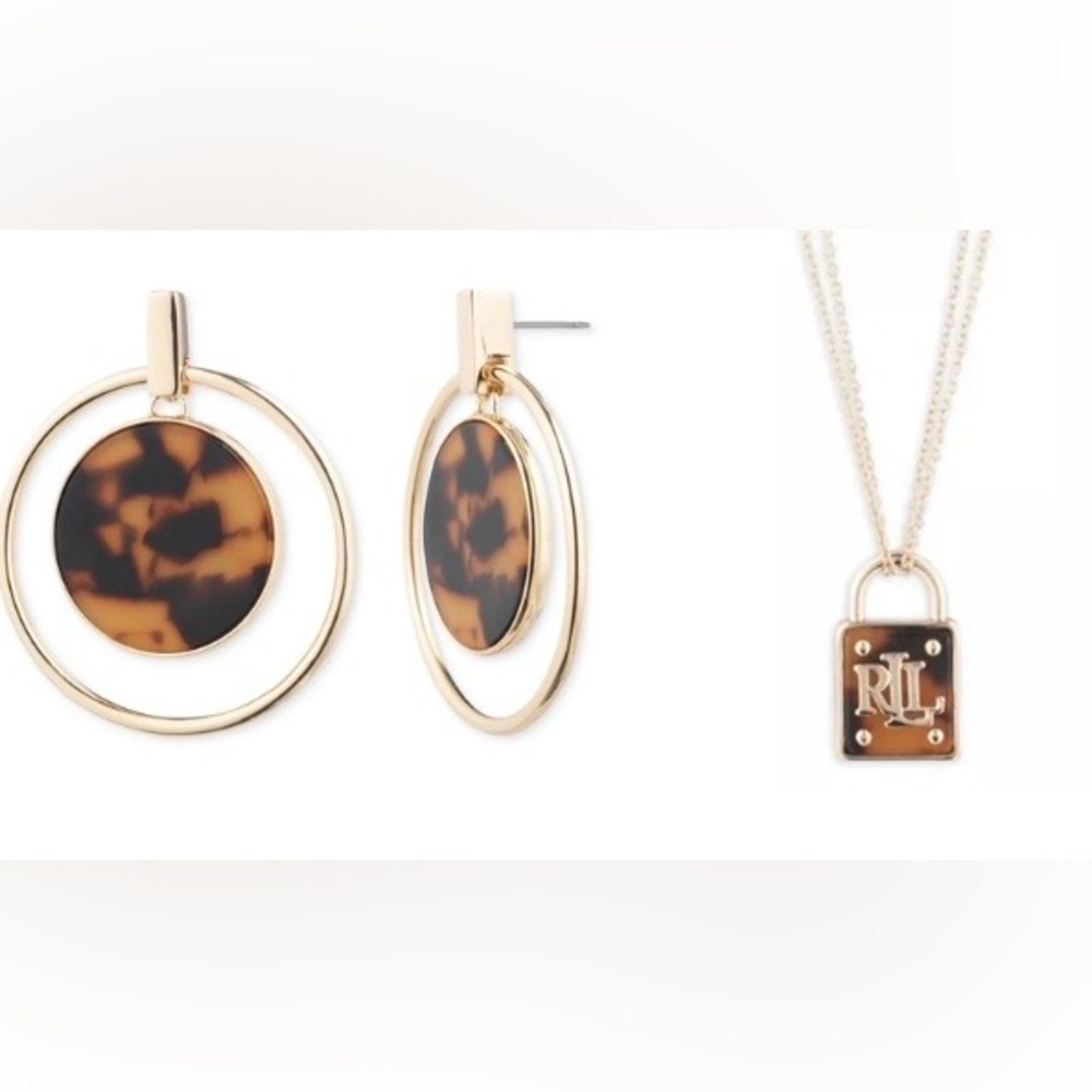 Ralph Lauren Gold-Tone Hoop Earrings with Tortoiseshell Discs & Padlock Necklace